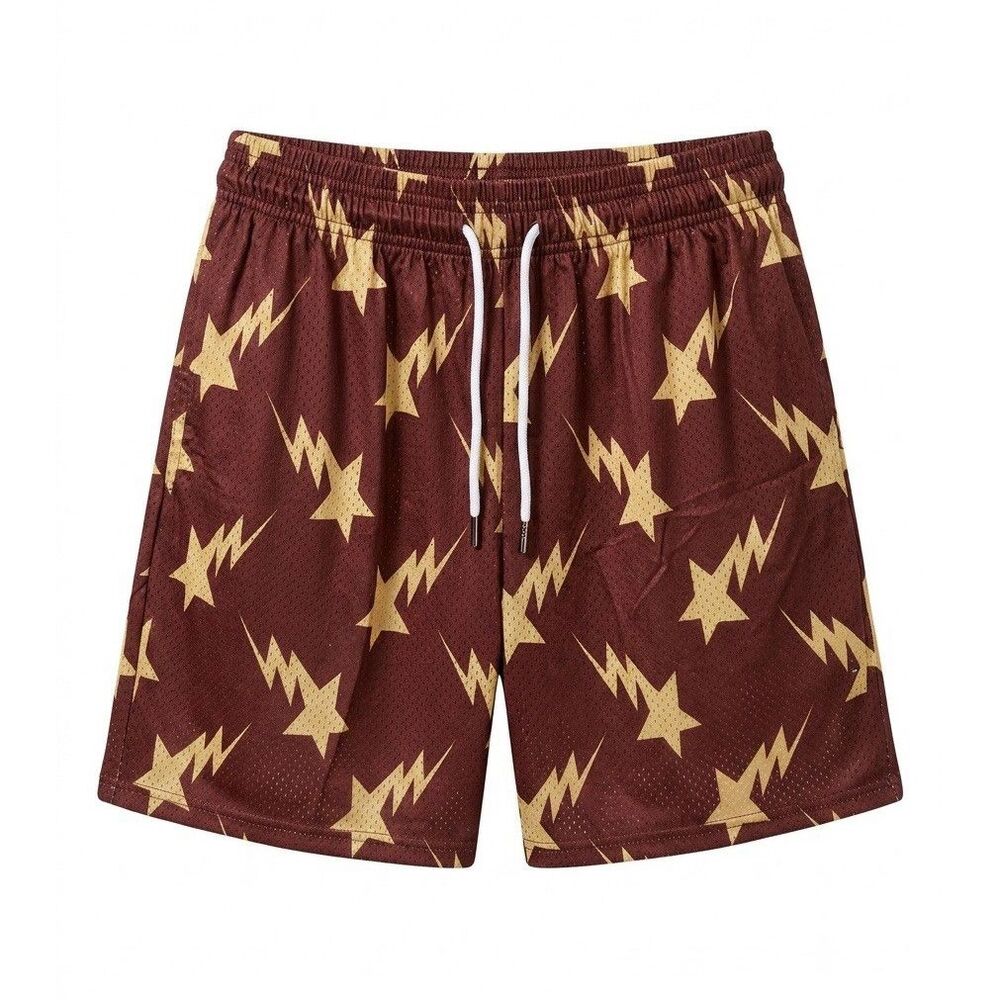 Sooluness Mesh Shorts Men XL Brown Star Lightning Print